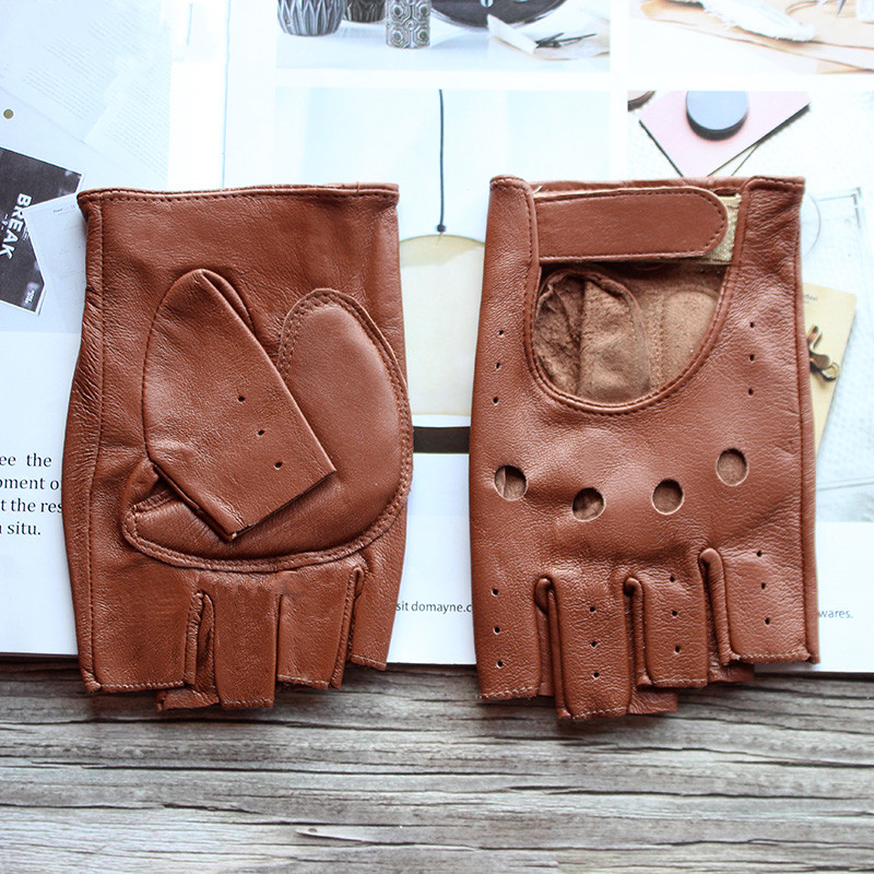 Leather Driving Glove - جديد المرأة جلد الغنم نصف اصبع